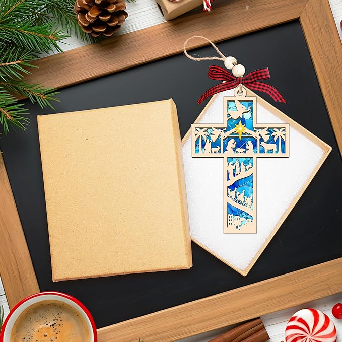 HEXMOZ Nativity Cross Ornament for Christmas Tree - Religious, Christian Christmas Ornaments 2025 Gifts for Family - Acrylic Wood Nativity Scene Cross, Jesus Hanging Ornament, Holy Family Decoration