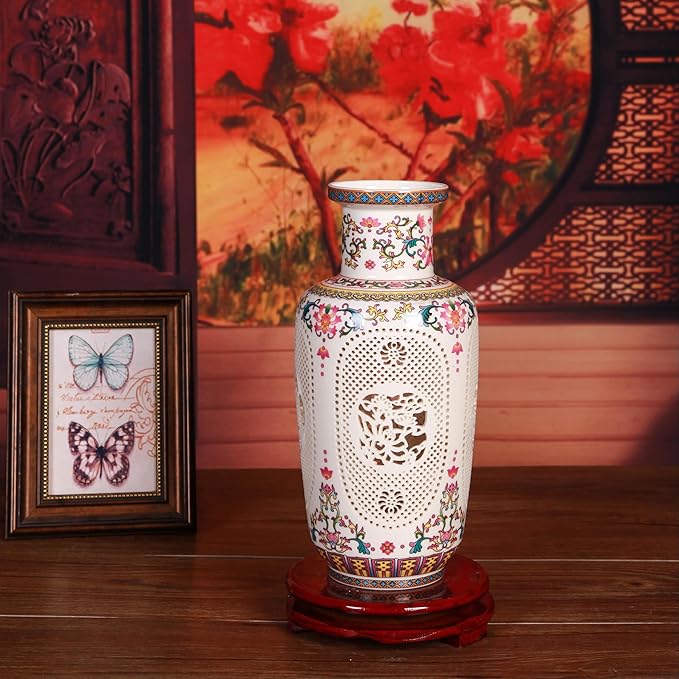Flower Vase - 11.42 Inch Hollow Out Ceramic Vase, Vintage Chinese Style Home Decor, Handcrafted Patel White Porcelain Centerpiece for Living Room Table Shelf (Pastel A)