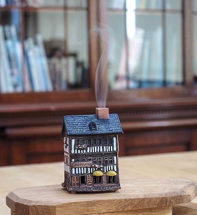 Ceramic Houses and Villages Collection - Collectible Handmade House Miniature of Creperie in Mont St. Michel, France - Cone Incense Holder R325