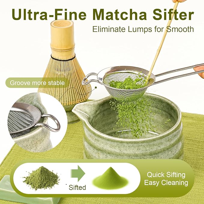 Artisan Ceramic Matcha Set, 7Pcs Japanese Matcha Whisk Kit with Speckled Glaze Bowl, Bamboo Chasen & Sifter - Elegant Tea Ceremony Gifts for Women & Men, Premium Home Essentials (Green)