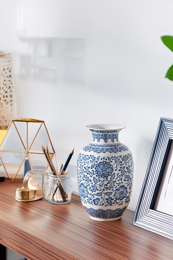 Blue and White Vase, Chinoiserie Porcelain for Living Room Shelf, Entryway Decor & Blue and White Home Centerpiece, Blue Vases Home Décor,11" H