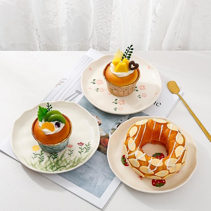 Koythin Ceramic Dessert Plates, Cute Fruits Dinner Plate, Printed Flowers Dinnerware for Office and Home, Kitchen Plates for Desserts (Hand Drawn Flower Fields)