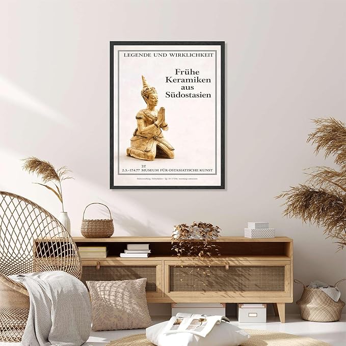 Framed Southeast Asian Ceramic Sculpture Poster Canvas Print Art Vintage Elegant Wall Art Painting Pictures Wall Decor for Living Room Home Decor Stunning Cultural Statue Art Print for Bedroom (Black framed,16L"X24W")