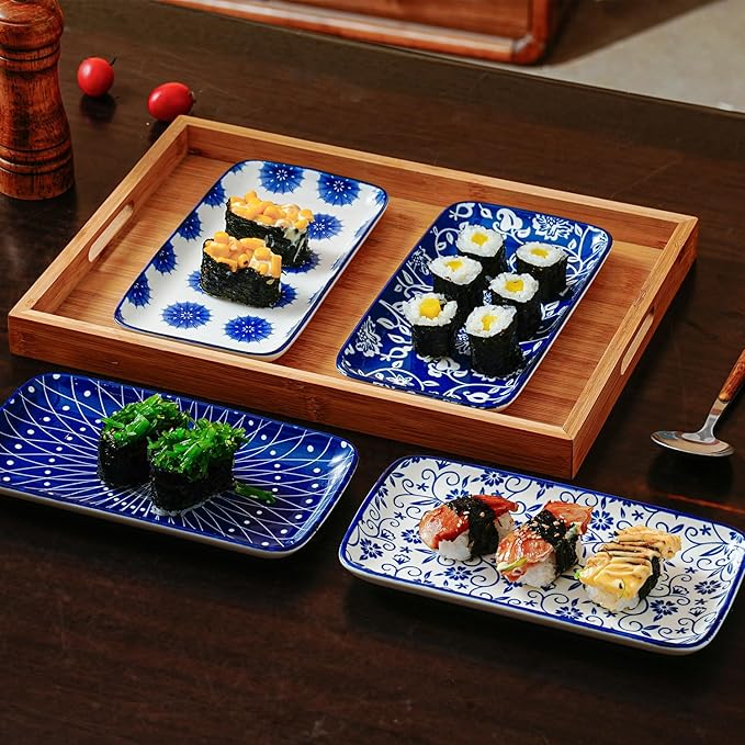 Rectangle Serving Platter Set - 8 Inch Ceramic Rectangular Dinner Plates Serving Trays for Sushi Salad Dessert Appetizer Pasta - Oven Microwave Dishwasher Safe - Set of 6 - Blue and White