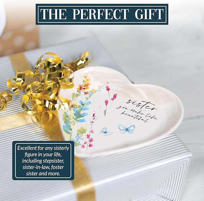 Pavilion Gift Company - Sister - Ceramic Heart-Shaped Keepsake Dish, Watercolor Floral Design, Unique Gifts for A Sister, Trinket Dish, Ring Holder, Jewelry Dish, 1 Count, 4.5 inches