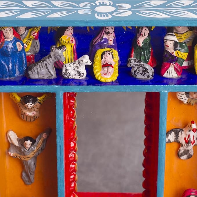 NOVICA Artisan Handmade Wood Wall Mirror Nativitythemed Ceramic from Peru Multicolor Decor Mirrors Retablos Angel Folk Art [8.25in H x 6in W x 1.4in D] ' Nativity Reflection'