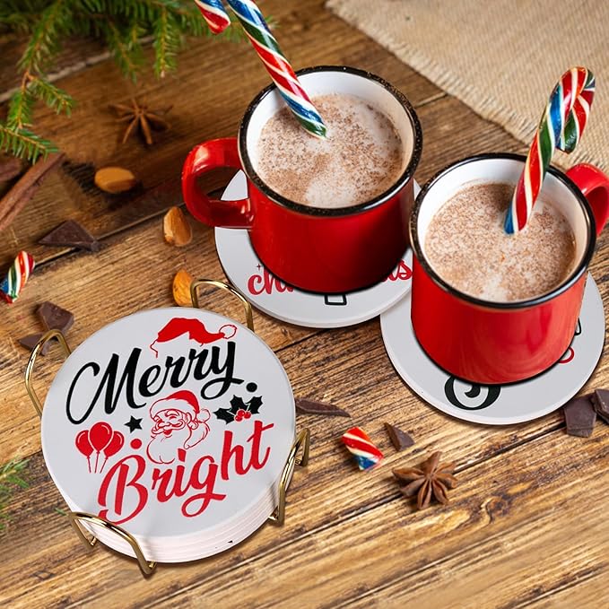 6 Pcs Ceramic Christmas Coasters with Holder Best Absorbent Drink Coasters Set Cute Xmas Holiday Coaster Set Coffee Table Decor Funny Christmas Decoration Housewarming Gift Festive Cup Coasters