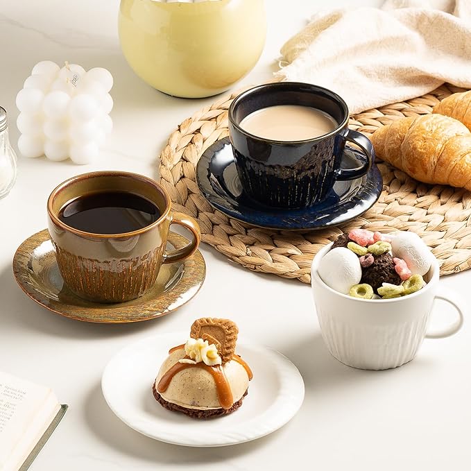 Ceramic Latte Cup with Saucer, 7 oz, Coffee Mug, Espresso Cups for Cappuccino, Milk Tea and Mocha, Dishwasher and Microwave Safe (brown)