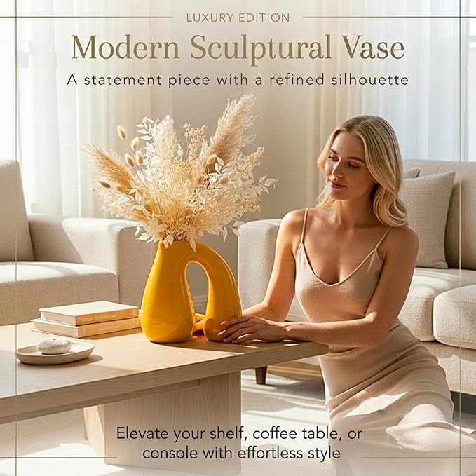 Yellow Ceramic Decorative Pitcher Vase, 7.5 in – Glossy Sculptural Arch-Handle, Modern Home Décor Accent for Fresh or Dried Floral Arrangements, Table/Shelf/Entryway, Giftable