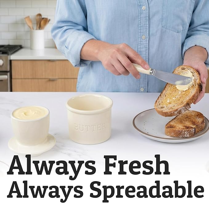 PriorityChef Butter Crock with Lid with Water Line,Ceramic French Butter Dish to Leave On Counter, Cannoli Cream
