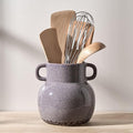JIEMEI HOME Kitchen Utensil Holder with Handle, 6.85" Ceramic Farmhouse Stable Utensil Crock for Countertop, Utensil Organizer with Cork Bottom, Spatula Holder For Kitchen Decor, Purple
