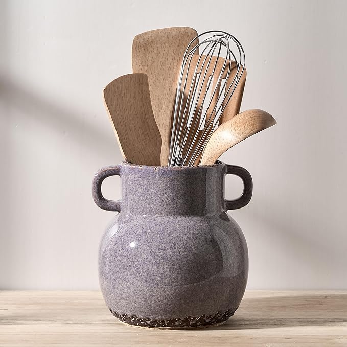 JIEMEI HOME Kitchen Utensil Holder with Handle, 6.85" Ceramic Farmhouse Stable Utensil Crock for Countertop, Utensil Organizer with Cork Bottom, Spatula Holder For Kitchen Decor, Purple