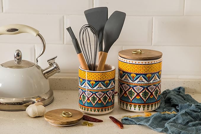 Bico Havana Ceramic Canister Set of 3 for Kitchen Counter, 62oz, 40oz, 32oz each, with Wooden Air Tight Lid, Food Storage Jar for storing Coffee, Tea, Spice, Dishwasher Safe