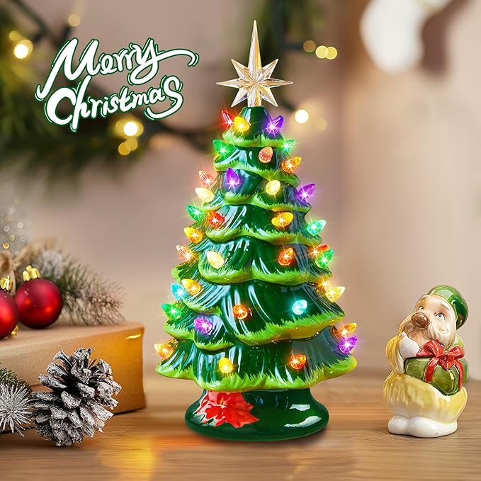 Minetom 13 Inch Ceramic Christmas Tree, Tabletop Christmas Tree with Multicolored LED Lights and Star, Battery Operated Vintage Lighted Ceramic Tree for Home Office Table Holiday Decorations