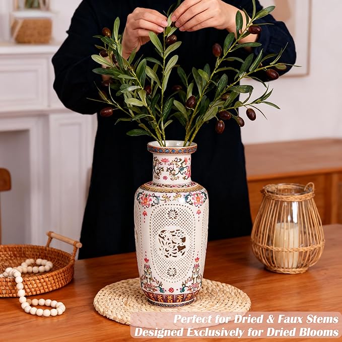 Flower Vase - 11.42 Inch Hollow Out Ceramic Vase, Vintage Chinese Style Home Decor, Handcrafted Patel White Porcelain Centerpiece for Living Room Table Shelf (Pastel A)