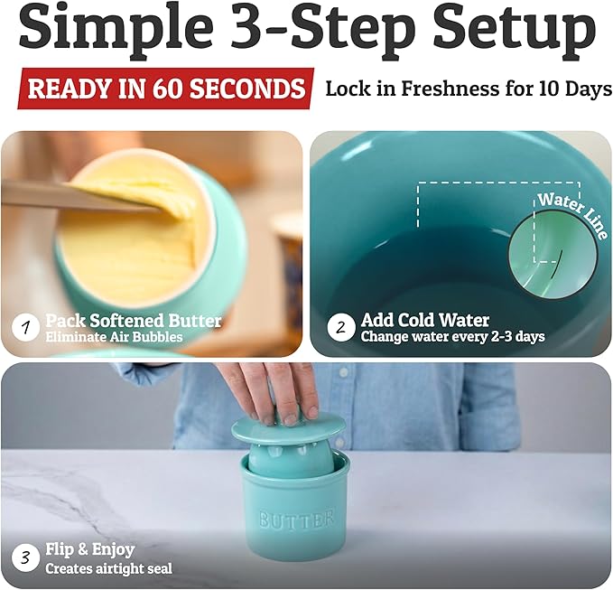 PriorityChef Butter Crock with Lid with Water Line, Ceramic French Butter Dish to Leave On Counter, Cool Green