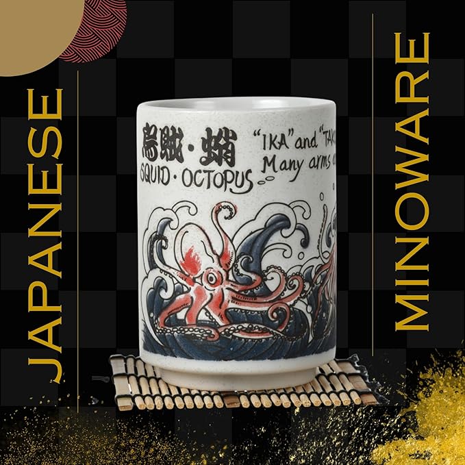 Japanese Tea Cups Sushi-Yunomi Mino Ware With Bamboo Coaster (Set of 2) (Squid-Octopus Tuna)