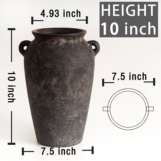 Terracotta Vase 10inch Tall, Farmhouse Distressed Ceramic Pottery, Unique Textured Stoneware Mantel Decoration, Black Boho Vintage Stone Vases for Flowers, Centerpieces, Living Room.