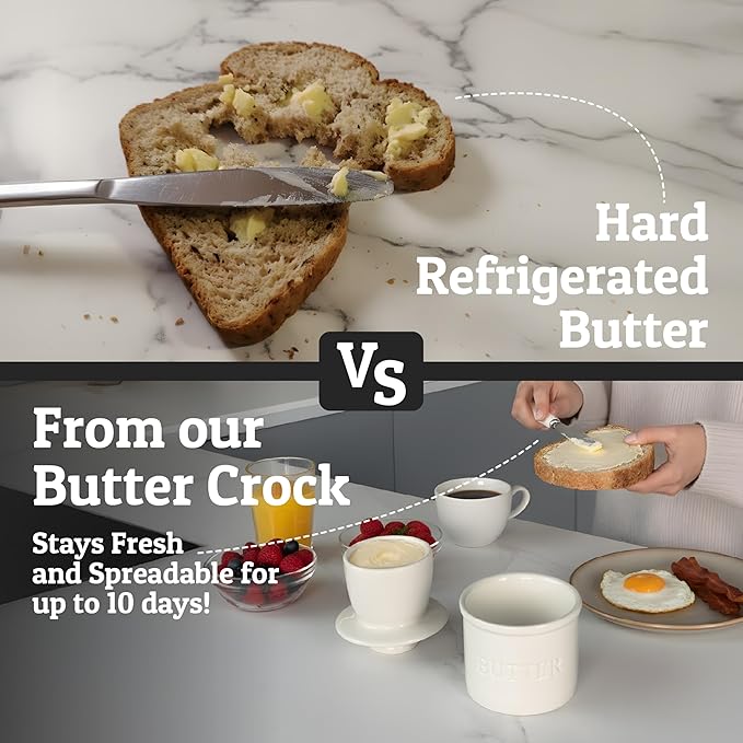 Priority Chef Butter Crock with Lid with Water Line, Ceramic French Butter Dish to Leave On Counter, White