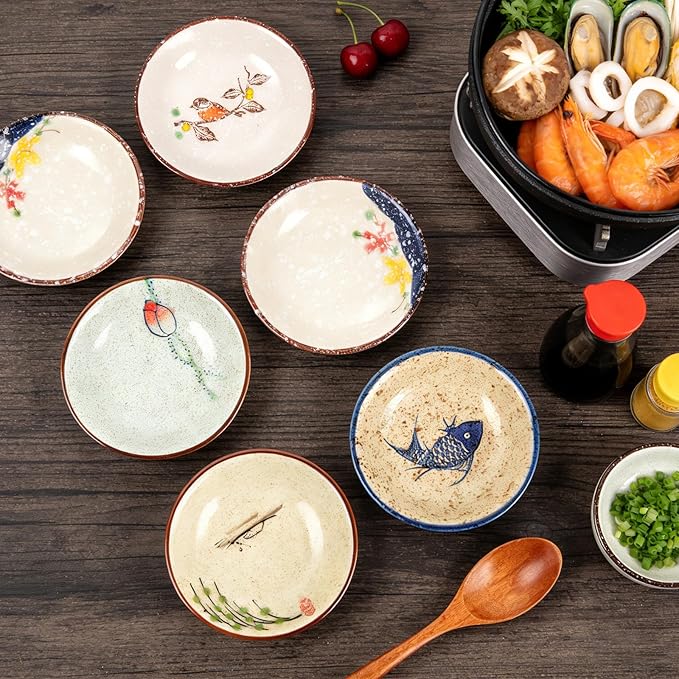 4 Inch 6 Pieces Japanese Retro Sauce Dishes Japanese Ceramic Side Bowl Sauce Dishes Asian Chinese Side Dishes Dishes for Sushi Sauce Snack Pinch