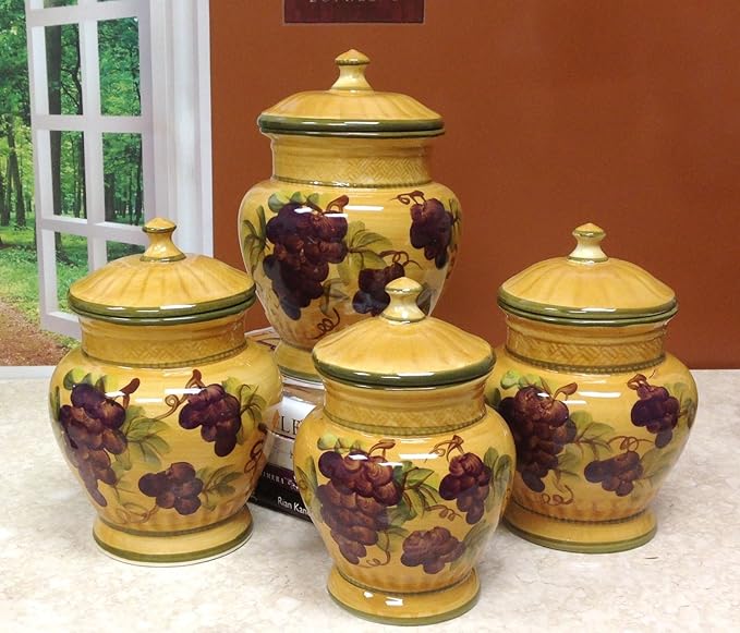 ACK Tuscany Grape Hand Painted Ceramic 4PCs Canister Set with Lid, Kitchen Storage Jar, Food Storage Container, Airtight Storage Container With Rubber Seal
