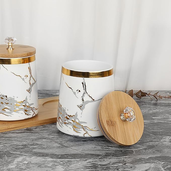 JUXYES Set of 3 Canisters Set for Sugar Coffee Tea with Airtight Lid, Ceramic Storage Containers Sets White Storage Pots with Tray Storage Jar Decorative Canisters Sets for for Kitchen Counter