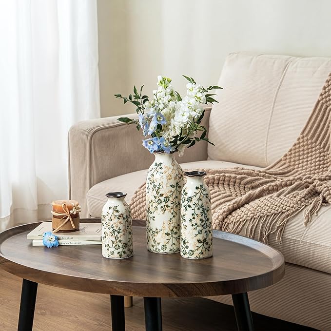 Ceramic Vase Set of 3, Vintage Green and Beige Vases Set, Flower Rustic Chinoiserie Vases Floral Grand Millennial Farmhouse Decor Vase for Home Decor, Living Room, Kitchen, Bedroom, Bookshelf