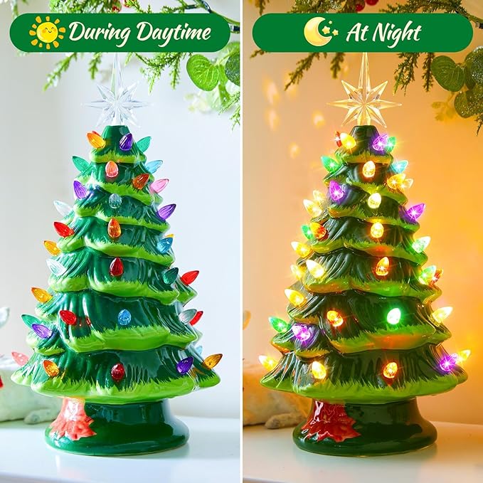 Minetom 13 Inch Ceramic Christmas Tree, Tabletop Christmas Tree with Multicolored LED Lights and Star, Battery Operated Vintage Lighted Ceramic Tree for Home Office Table Holiday Decorations