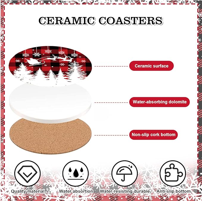 6Pcs Christmas Coasters with Metal Holder Xmas Tree Snowflake Truck Drink Coasters Red Black Plaid Winter Holiday Ceramic Cup Mat for Home Kitchen Table Decor, 4.1 x 0.3 Inch