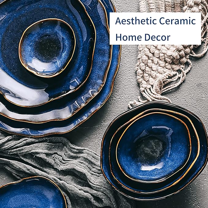 Ceramic Decorative Bowl, 10" Blue Reactive Glaze Pottery Bowl, Decorative Fruit Bowl Centerpiece for Coffee Table, Catchall Key Bowl for Entryway, Modern Home Decor (10'' Dish)