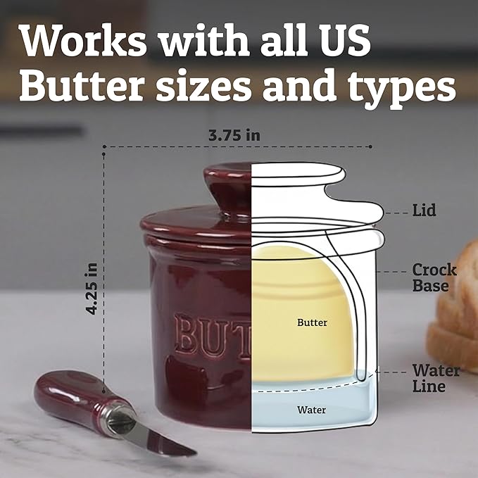 PriorityChef Butter Crock with Lid with Water Line,Ceramic French Butter Dish to Leave On Counter, Maroon