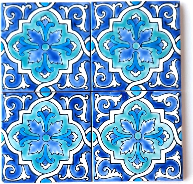 DŸARI Decorative Ceramic Tiles – Hand Painted Indoor & Outdoor Floor Tiles – Spanish Artisan Tile Top Kitchen – Mediterranean Decorative Tiles 4” × 4” – Durable Colorful Floor Tiles – 140 g (Eau V 7)