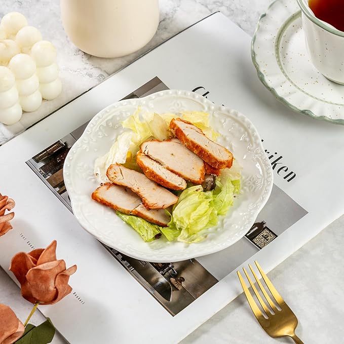 White Small Dessert Plates Set of 4,Ceramic Dinner Plates 6 Inch for Appetizer, Fruits, Cake, Salad,Microwave Safe,Christmas Gift