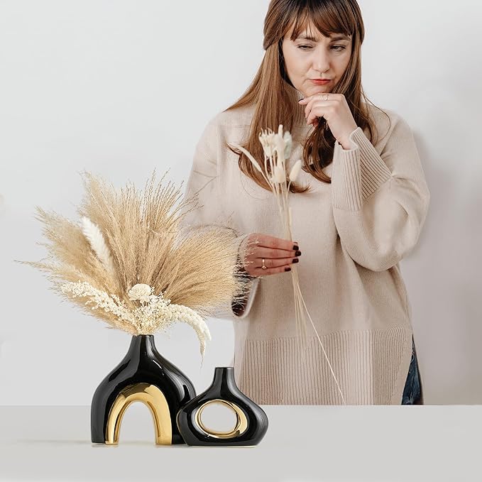 Modern Ceramic Donut Vase: Set of 2 -Minimalist Nordic Black and Gold Hollow Vase Home Decor for Kitchen Dining Table Centerpieces Living Room Bederoom Entryway Weddin