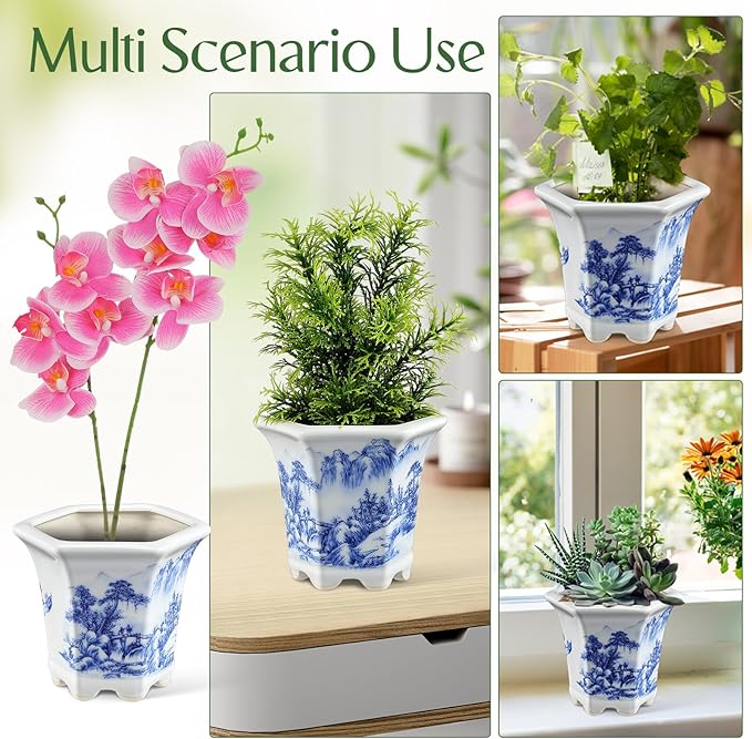 Blue and White Porcelain Plant Pot, Asian Ceramic Succulent Planter for Indoor Balcony, Oval Small Garden Planter with Decorative Floral Pattern