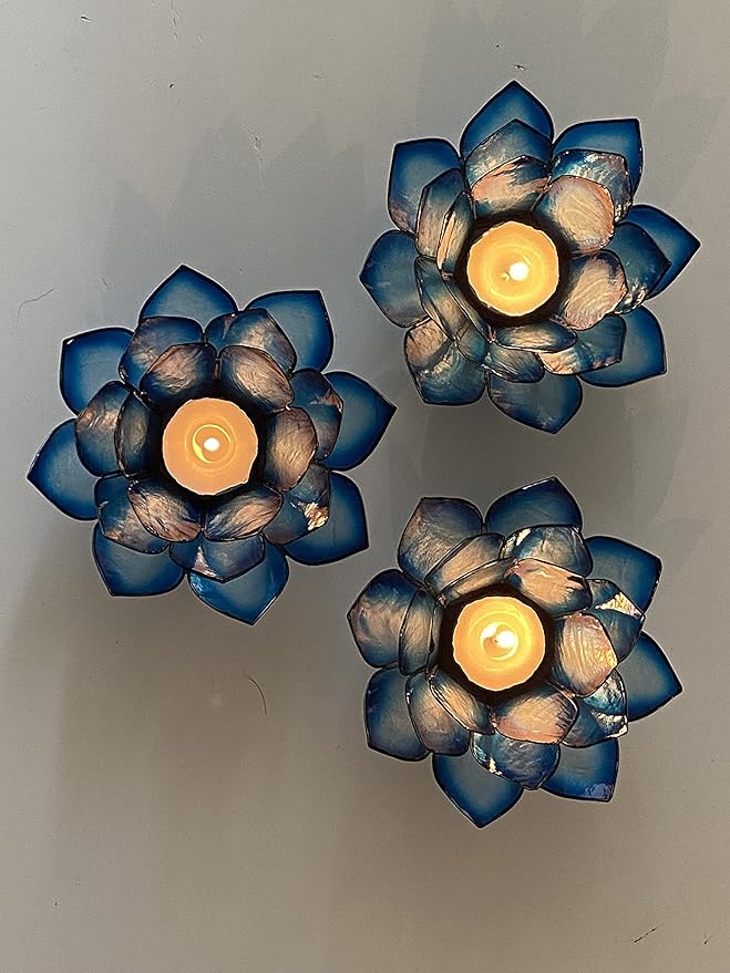 Om Gallery Capiz Shell Lotus Flower Decor Tealight Candle Holder for Serene Ambiance - Handmade Decorative Candle Holders for Meditation, Yoga, and Relaxation, Blue Lagoon