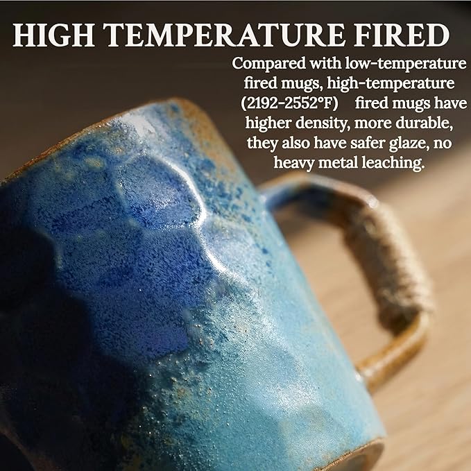 10oz Retro Vintage Japanese Style Handmade Ceramic Tea Cup with Handle, Lead-Free Reactive Glaze Artisanal Coffee Mug, Comfortable handle Handmade Pottery Tea Mug for office and home,Blue