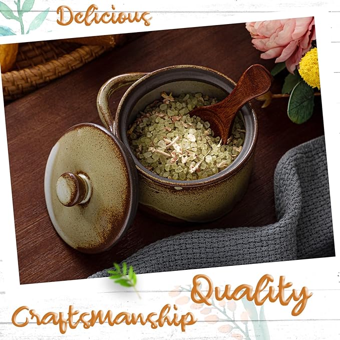 Honeydak Speckled Ceramic Salt Cellar with Lid and Wooden Spoon, Rustic Farmhouse Salt Pepper Cellar Holder for Valentines Day,Housewarming Gift, Heavyweight Spices Jar(Retro Color,1 Set)
