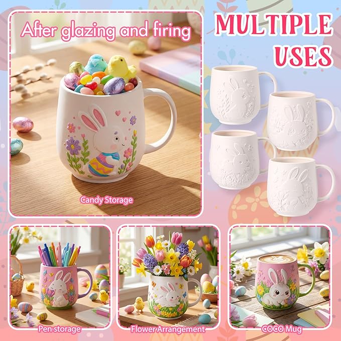Zubebe 4 Sets Easter Paint Your Own Mugs Craft Kit, Bunny Ceramic to Paint, DIY Mugs for Adults, Festive Coffee Tea Cup for Adults with Painting Set for Easter Basket Stuffers Family Party Favors Gift