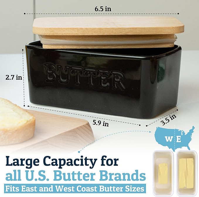 PriorityChef Extra Large Butter Dish with Lid for Countertop, Ceramic Butter Container With Airtight Cover, Butter Keeper for Counter or Fridge, Black Butter Holder Storage