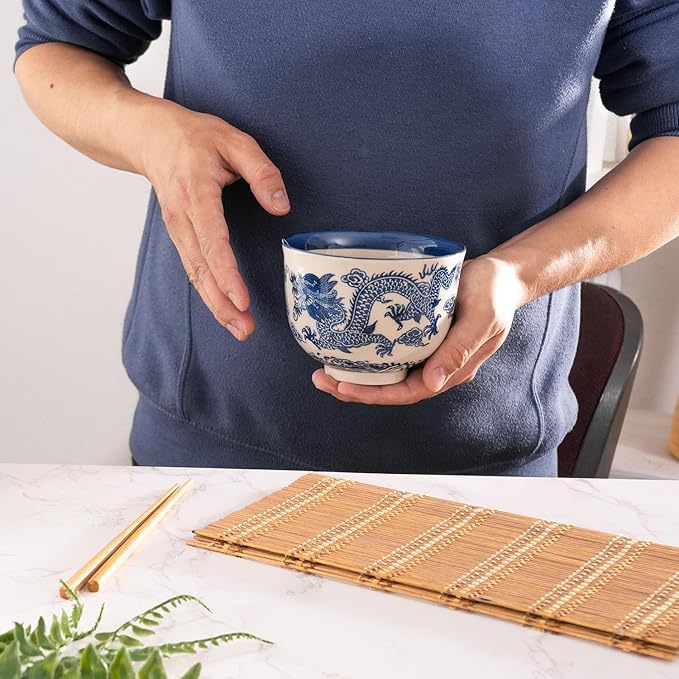 Urban Tokyo Handpainted Ceramic Glazed Japanese Ramen Udon Noodle Rice Bowl With Chopsticks 20 fl oz 5 inch Diameter Bowl Sets Color Box Packaging (Oriental Dragon Blue)