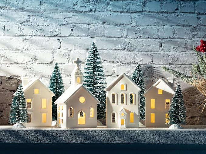 9 Pcs Christmas Village Figurines Sets - 4 Lighted Ceramic Houses with Remote Control & 5 Trees - Christmas Decorations Indoor - White Xmas Holiday Farmhouse Rustic Decor for Home Table Room
