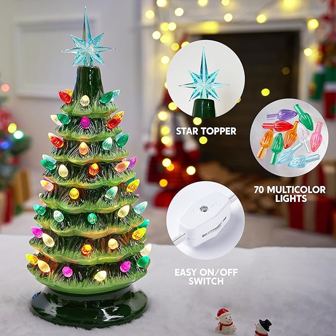 JOIEDOMI 15" Ceramic Christmas Tree, Table Top Christmas Tree with Star Topper, Vintage Pre-lit Xmas Decor with Multicolored LED Lights, Hand-Painted Xmas Decorations Indoor Home Office