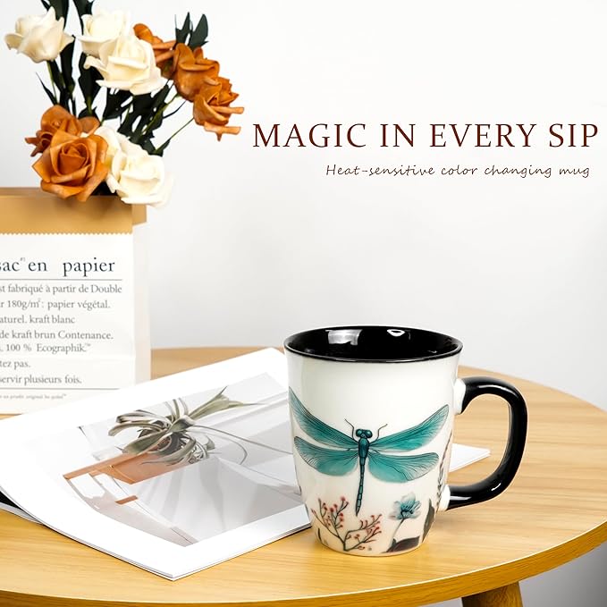 16 oz Dragonfly Mug - Color Changing Ceramic Coffee Cup - Ideal Gift for Women Dragonfly Gifts for Women