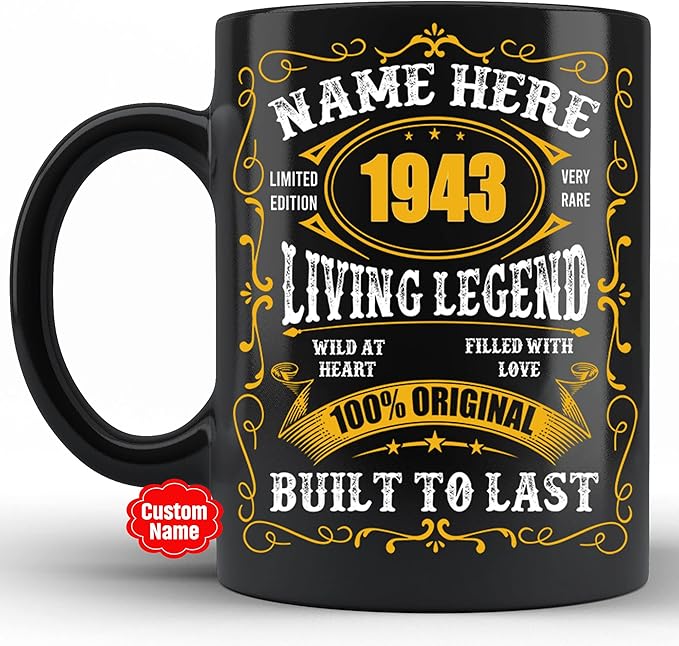PREZZY Personalized 80th Birthday Coffee Mug Vintage 1943 Limited Edition Mug Black 11oz 15oz