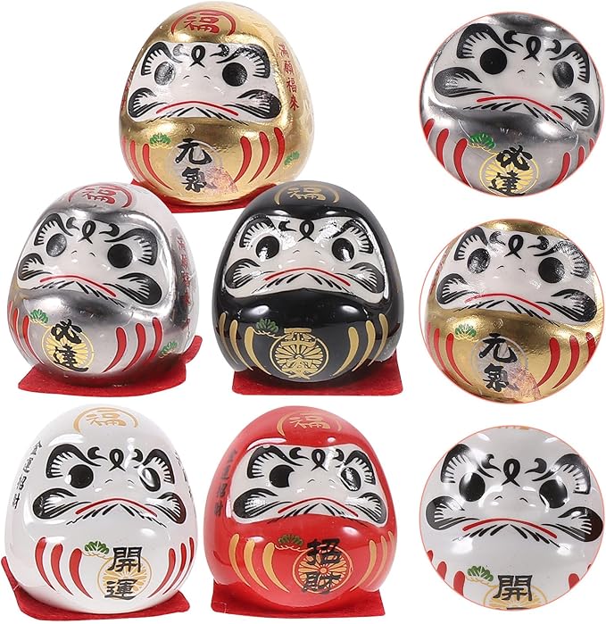 Japanese Ceramic Tumbler Figurines Set of 5 Mini Traditional Lucky Car Interior Decor for Home and Office Gold Plated