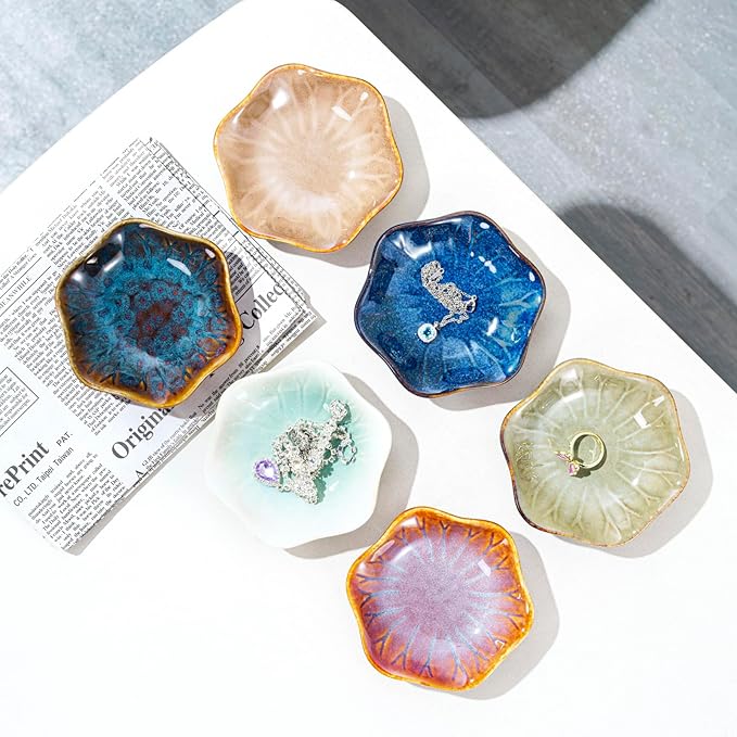 Vintage-Inspired Ceramic Jewelry Dish – Handcrafted Floral Trinket Trays in Luxe Glazed Porcelain | Antique-Style Ring Holders for Vanity & Dresser Décor (1, Kiln turned lotus turns white and green)