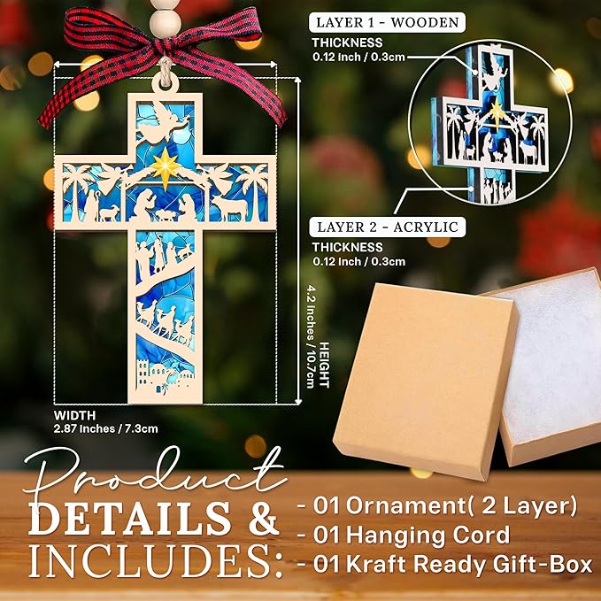 HEXMOZ Nativity Cross Ornament for Christmas Tree - Religious, Christian Christmas Ornaments 2025 Gifts for Family - Acrylic Wood Nativity Scene Cross, Jesus Hanging Ornament, Holy Family Decoration
