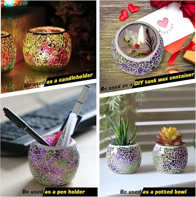 Votive Candle Holders for Table Centerpiece (NO Candles) Wedding Dinner by Candlelight,Tea Light Holders Mosaic Candle Holdes Candlescape Bowl for Valentine's,Christmas Party Decor 1 PC(Pink Green)