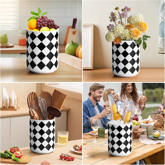 Kitchen Utensil Holder for Countertop， 6.4" Ceramic Utensil Holder Deep and Stable，Kitchen Utensil Organizer，Modern Checkered Utensil Holder for Decor